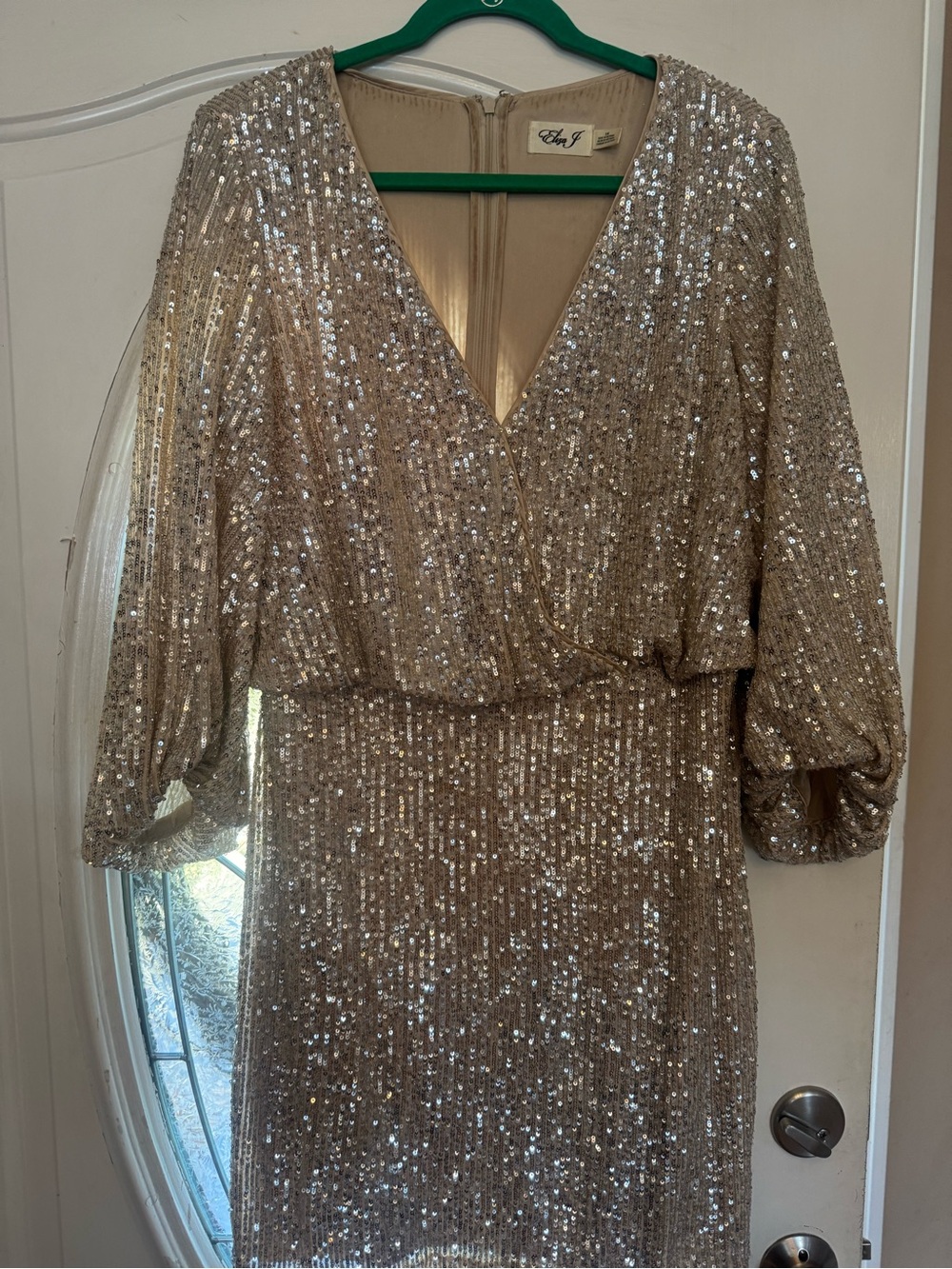 Eliza J Champagne Sequin Long Sleeve V-Neck Dress